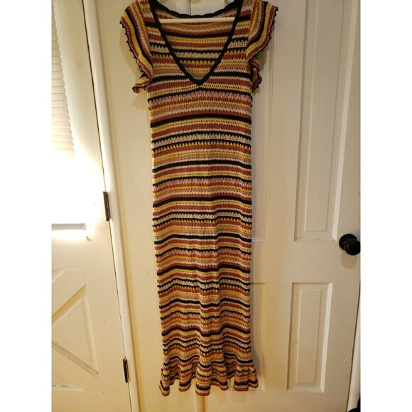 Vintage Crochet Maxi Dress Y2K XS Ruffle V Neck Beach Cottagecore Festival Boho - Picture 2 of 7